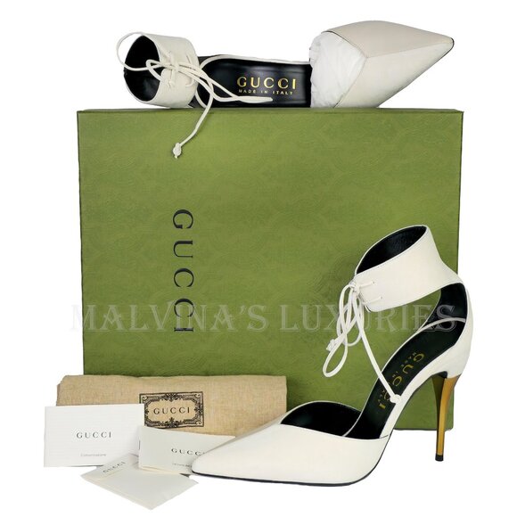 GUCCI SHOES PUMPS WITH ANKLE CUFF GOLD HIGH HEEL WHITE LEATHER sz 41.5 11.5 - Picture 3 of 15